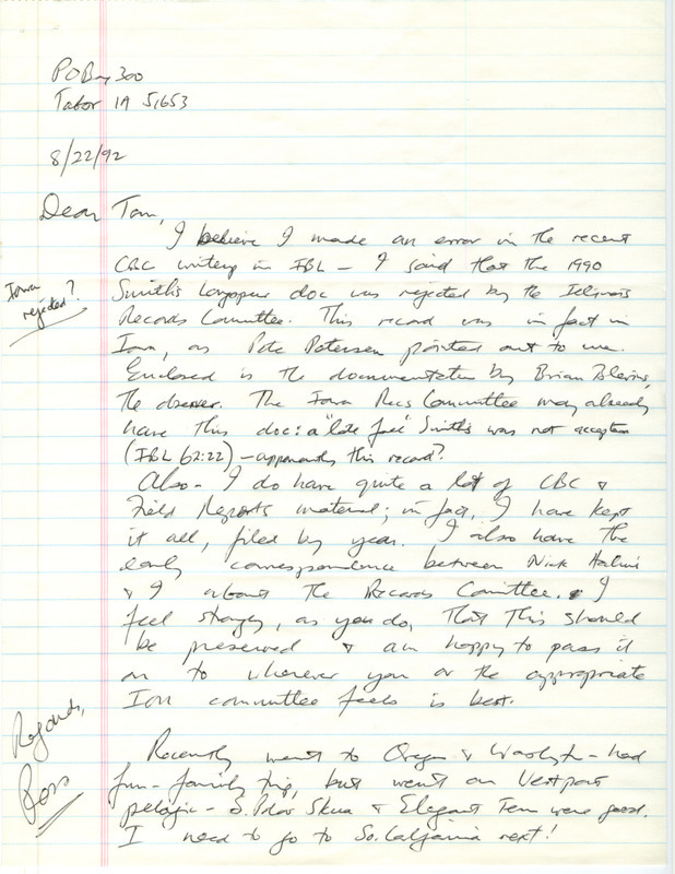 Letter sent on August 22, 1992 about a documentation form for a Smith's Longspur west of Almont in Clinton County, IA on December 29, 1990 by Brian Blevins. It also discusses submitting other field reports and materials from multiple years to the Iowa Ornithologists' Union Records Committee.