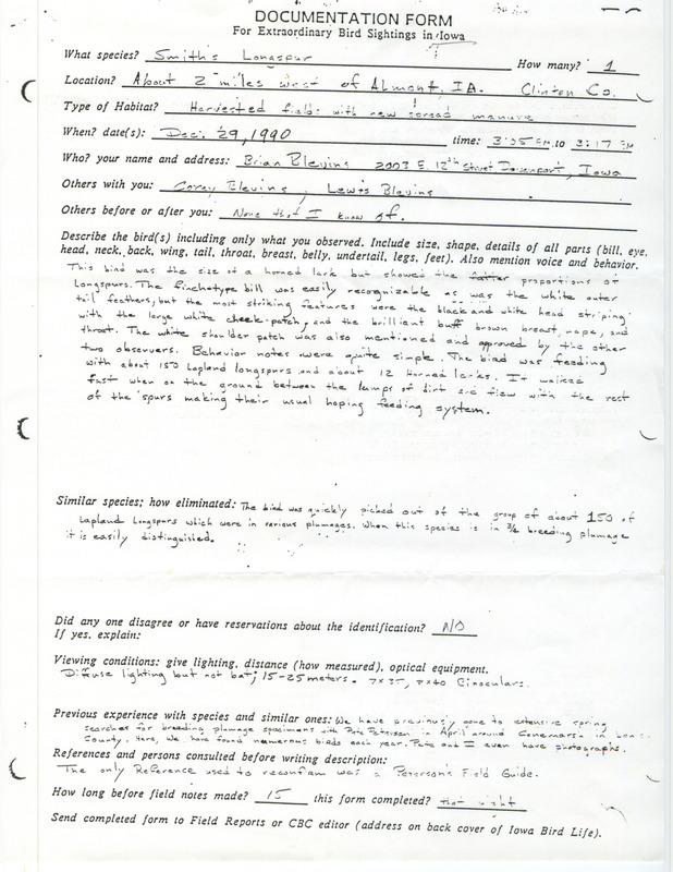 Rare bird documentation form for a Smith's Longspur west of Almont in Clinton County, IA on December 29, 1990.