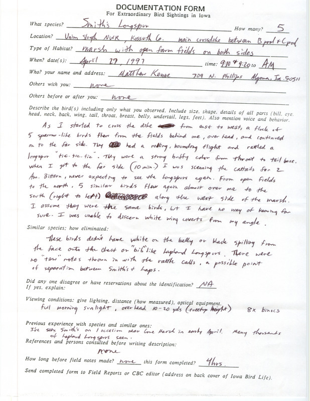 Rare bird documentation form for five Smith's Longspurs at Union Slough NWR in Kossuth County, IA on April 27, 1997.