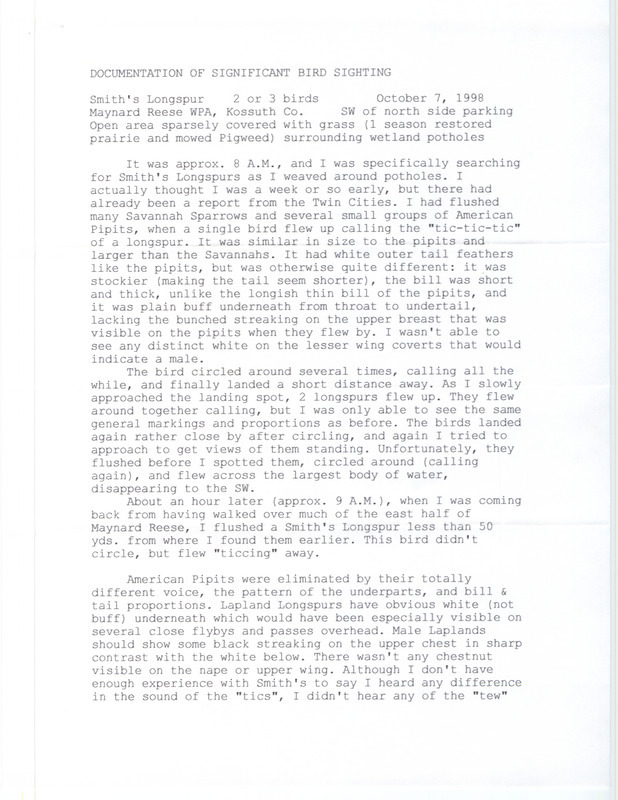 Rare bird documentation form for two to three Smith's Longspurs at Maynard Reese Waterfowl Production Area in Kossuth County, IA on October 7, 1998.