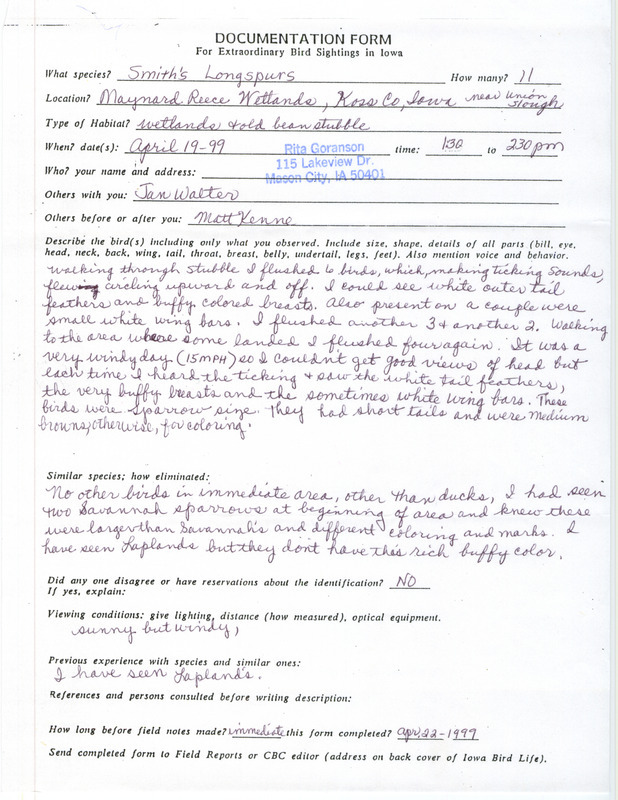 Rare bird documentation form for eleven Smith's Longspurs at Maynard Reese Waterfowl Production Area in Kossuth County, IA on April 19, 1999.