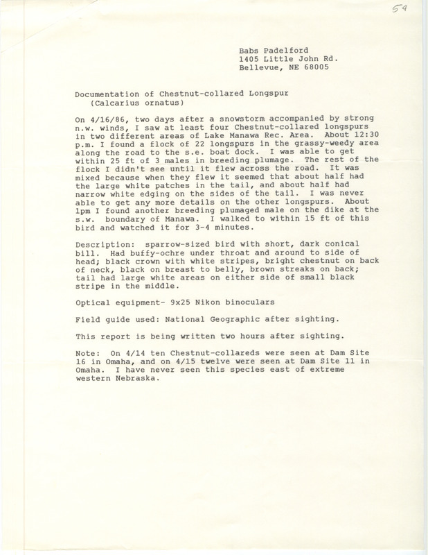 Rare bird documentation form for at least four Chestnut-collared Longspurs at Lake Manawa State Park in Pottawattamie County, IA on April 16, 1986.