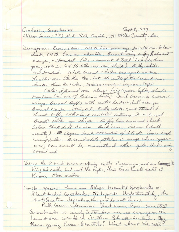 Rare bird documentation form for an unidentified Grosbeak at Anderson Township in Mills County, IA on September 8, 1979.