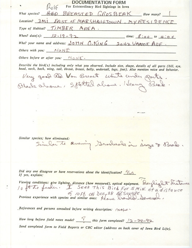 Rare bird documentation form for a Rose-breasted Grosbeak east of Marshalltown in Marshall County, IA on December 19, 1992. There is a note attached that says sighting was corroborated by many other observers.