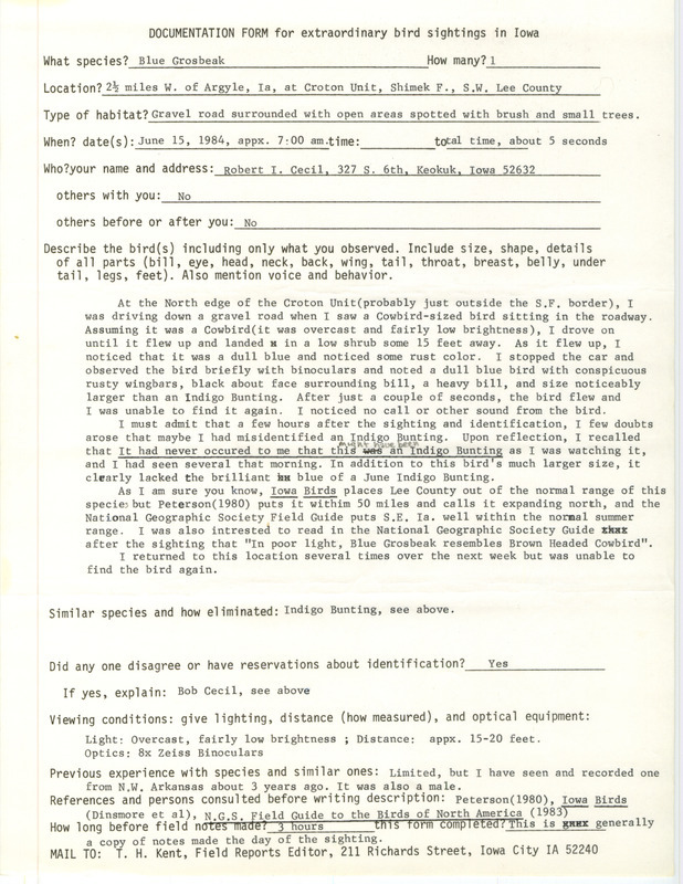 Rare bird documentation form for a Blue Grosbeak at the Croton Unit in Shimek Forest in Lee County, IA on June 15, 1984.