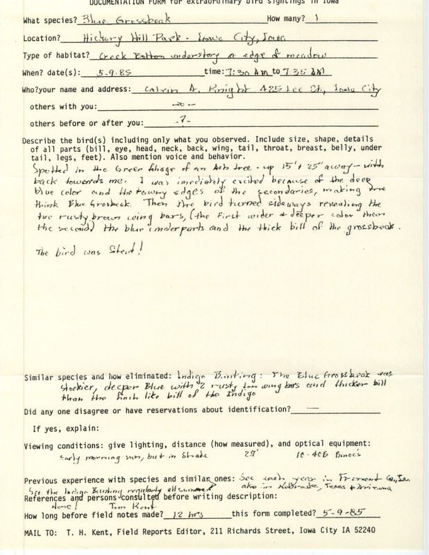 Rare bird documentation form for a Blue Grosbeak at Hickory Hill Park in Iowa City in Johnson County, IA on May 9, 1985.