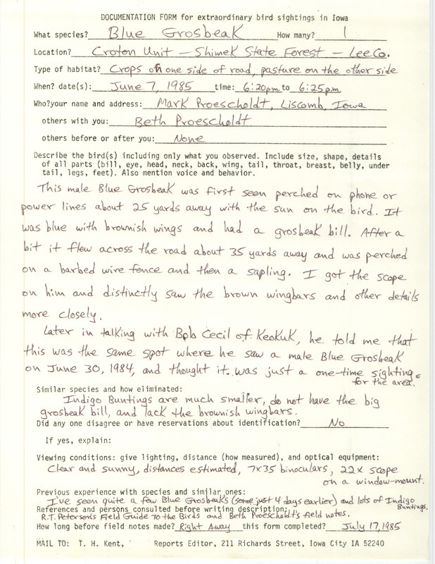 Rare bird documentation form for a Blue Grosbeak at the Croton Unit of Shimek State Forest in Lee County, IA on June 7, 1985.