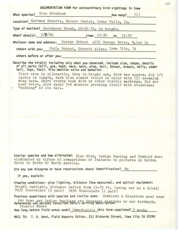 Rare bird documentation form for a Blue Grosbeak at the Hartman Reserve Nature Center in Black Hawk County, IA on May 7, 1986.