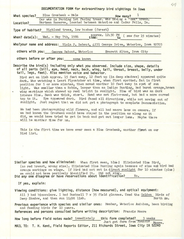 Rare bird documentation form for a Blue Grosbeak at the Hartman Reserve Nature Center in Black Hawk County, IA on May 7, 1986.