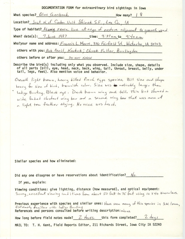 Rare bird documentation form for a Blue Grosbeak north of the Croton Unit of Shimek State Forest in Lee County, IA on June 7, 1987.