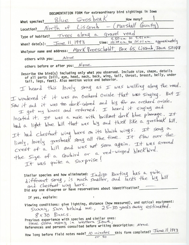 Rare bird documentation form for a Blue Grosbeak north of Liscomb in Marshall County, IA on June 11, 1993.