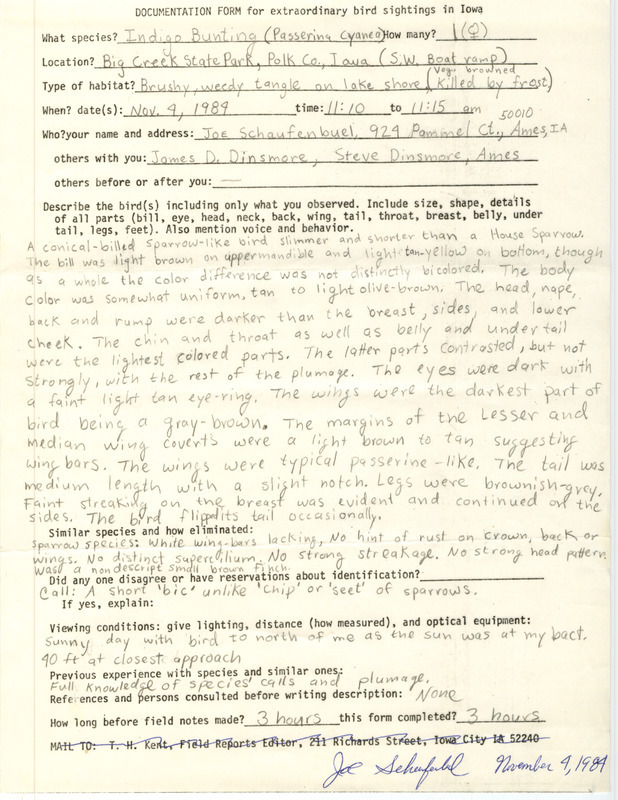 Rare bird documentation form for an Indigo Bunting at Big Creek State Park in Polk County, IA on November 4, 1984.