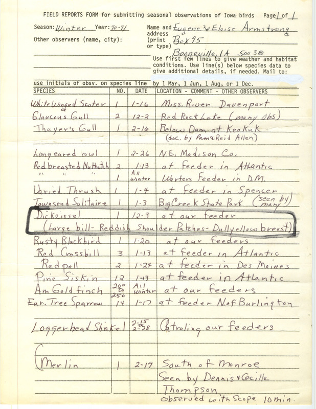 Field reports for the Winter of 1990-1991 submitted by Eugene and Eloise Armstrong featuring a Dickcissel sighting at Booneville in Dallas County, IA on December 3, 1990.