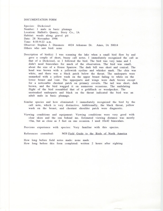 Rare bird documentation form for a Dickcissel at Hallet's Quarry at Ames in Story County, IA on November 28, 1996.