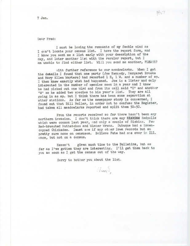 Letter from Woody Brown to Fred Kent about bird sightings and reports for the year of 1966 sent on January 7, 1967. It features a discussion of identifying Eastern and Western Meadowlarks.