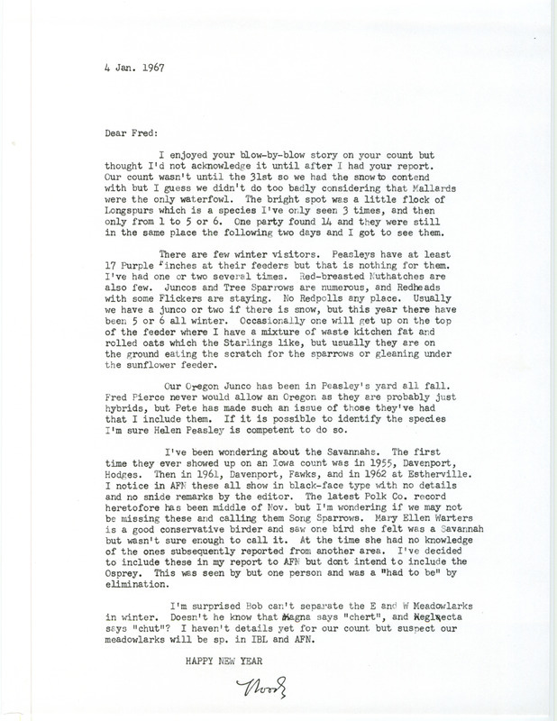 Letter sent on January 4, 1967 by Woodward H. Brown to Fred Kent discussing bird sightings during the fall and winter of 1966 and a Christmas Bird County. It features a discussion of distinguishing Eastern and Western Meadowlarks in the winter.