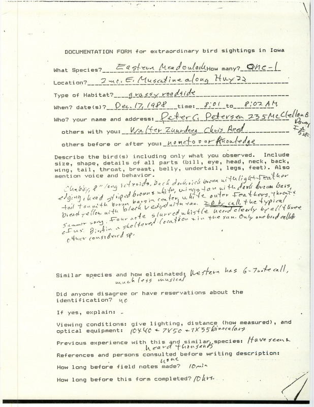 Rare bird documentation form for an Eastern Meadowlark east of Muscatine in Muscatine County, IA on December 17, 1988.