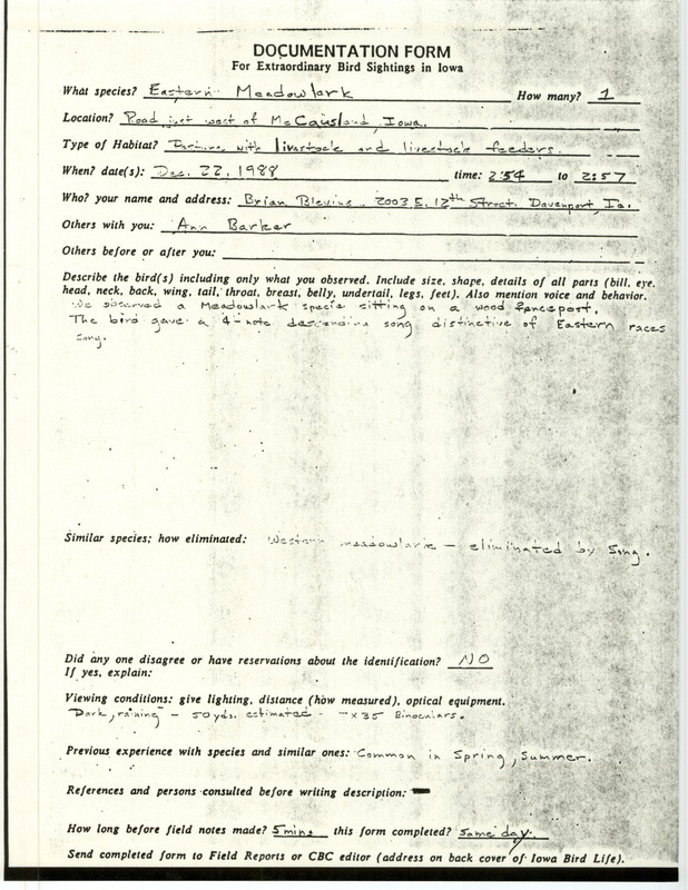 Rare bird documentation form for an Eastern Meadowlark west of McCausland in Scott County, IA on December 22, 1988.