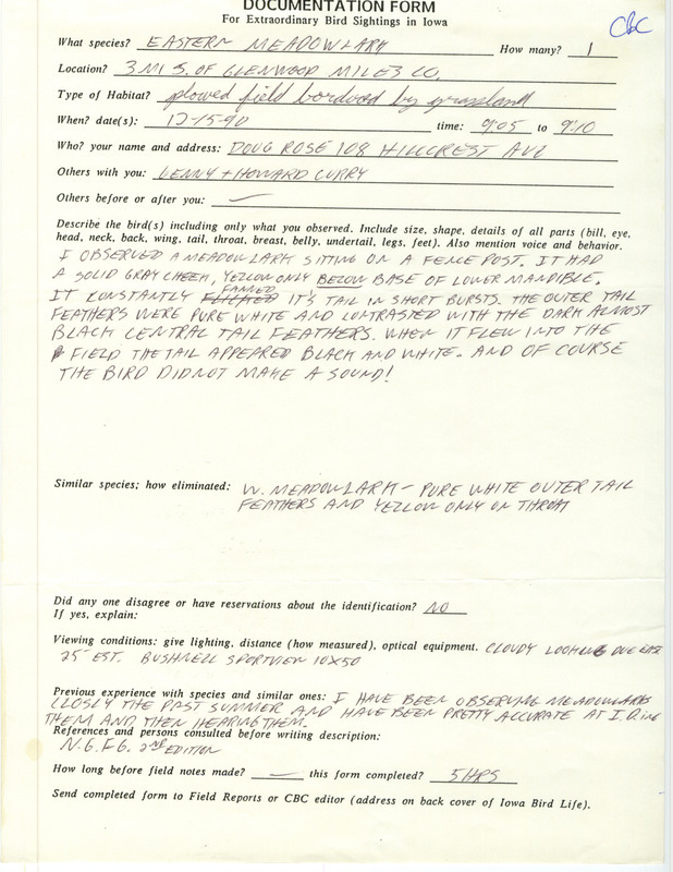 Rare bird documentation form for an Eastern Meadowlark south of Glenwood in Mills County, IA on December 15, 1990.