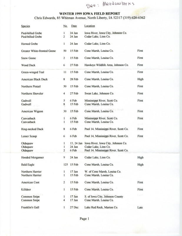 Field notes submitted by Chris Edwards for the 1998/1999 winter season. The notes feature Eastern Meadowlark sightings south of Lake Red Rock in Marion County, IA on December 27, 1998 and at Cone March in Louisa County, IA on February 15, 1999.