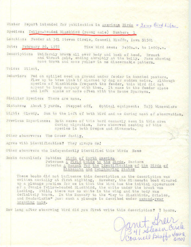 Rare bird documentation form for a Yellow-headed Blackbird at Council Bluffs in Pottawattamie County, IA on February 26, 1978.