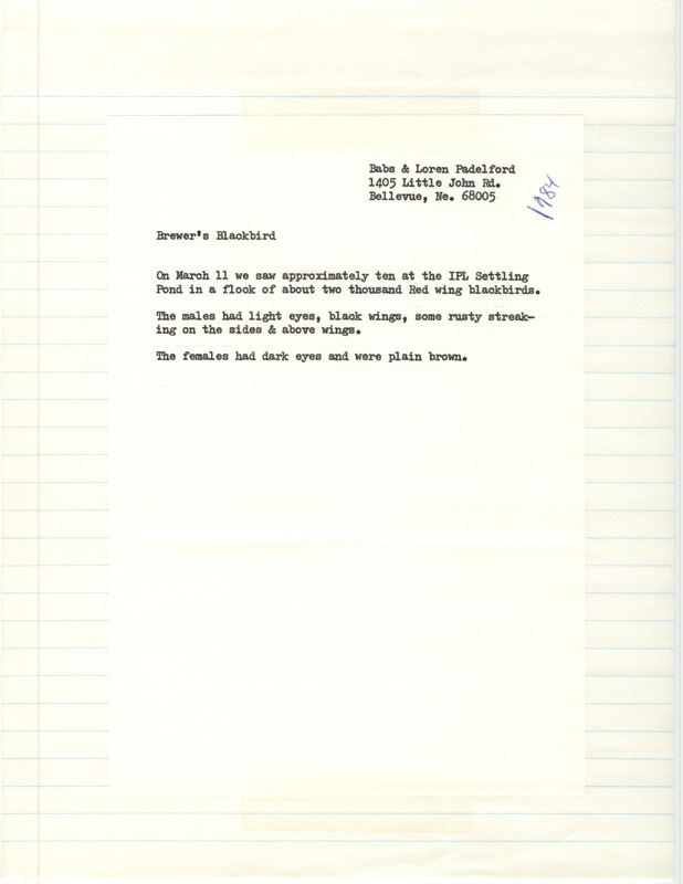 Field report for ten Brewer's Blackbirds and two thousand Red-winged Blackbirds at the MidAmerican Energy Ponds in Pottawattamie County, IA on March 11, 1984.