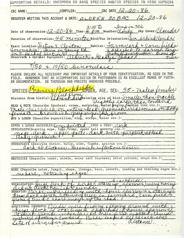 Rare bird documentation form for thirty-five Brewer's Blackbirds at Section 8 of Clinton Township in Linn County, IA on December 20, 1986.