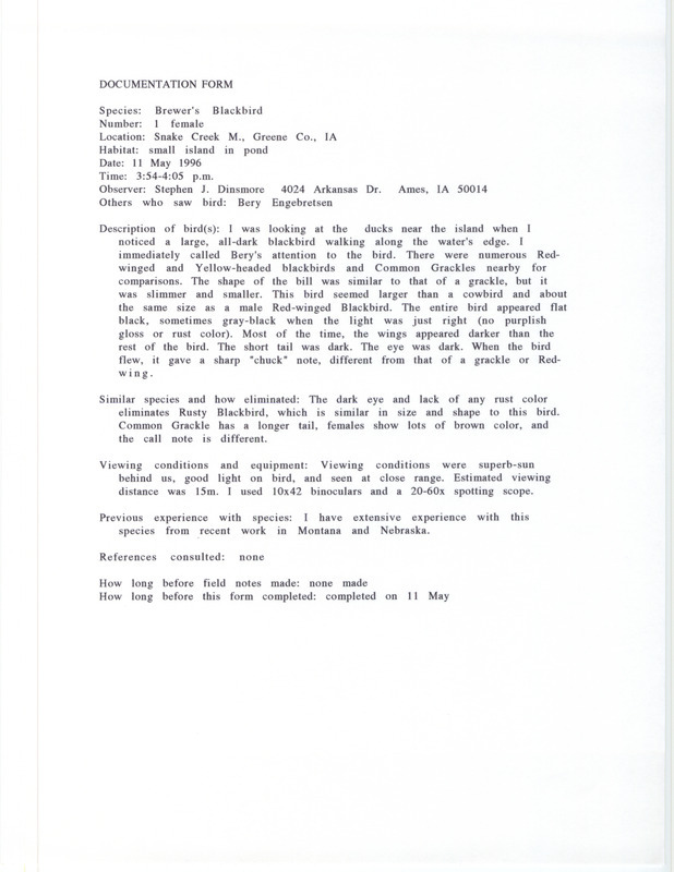 Rare bird documentation form for a Brewer's Blackbird at Snake Creek March in Greene County, IA on May 11, 1996.