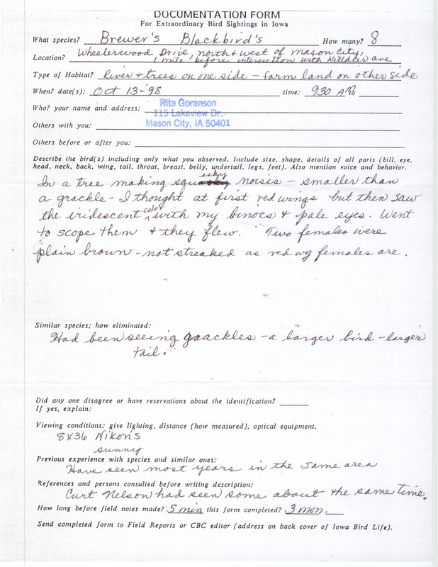 Rare bird documentation form for eight Brewer's Blackbirds northwest of Mason City in Cerro Gordo County, IA on October 13, 1998.