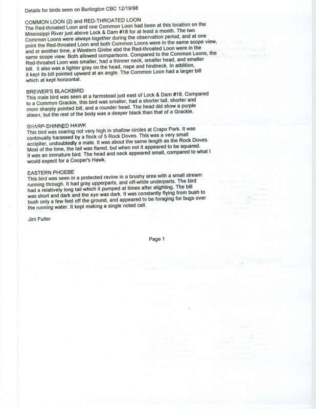 Field notes by Jim Fuller from the Burlington Area Christmas Bird County on December 19, 1998. The notes include a Brewer's Blackbird east of Lock and Dam 18.