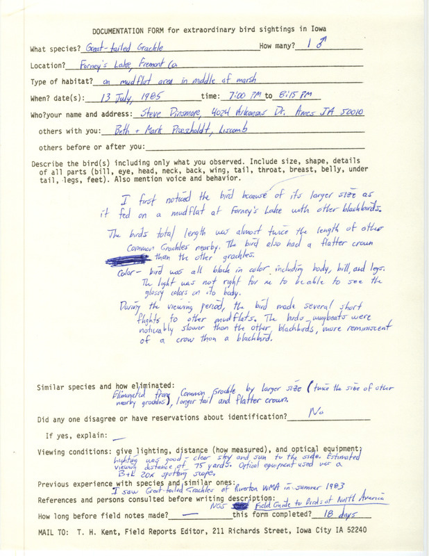 Rare bird documentation form for a Great-tailed Grackle at Forney's Lake in Fremont County, IA on July 13, 1985.