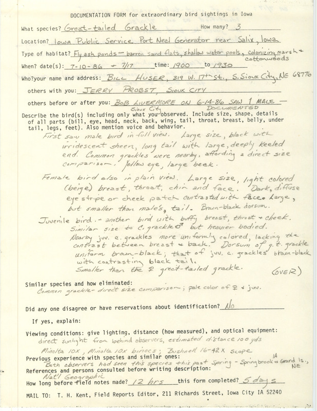 Rare bird documentation form for three Great-tailed Grackles at the Port Neal generators near Salix in Woodbury County, IA on July 10 and 17, 1986.