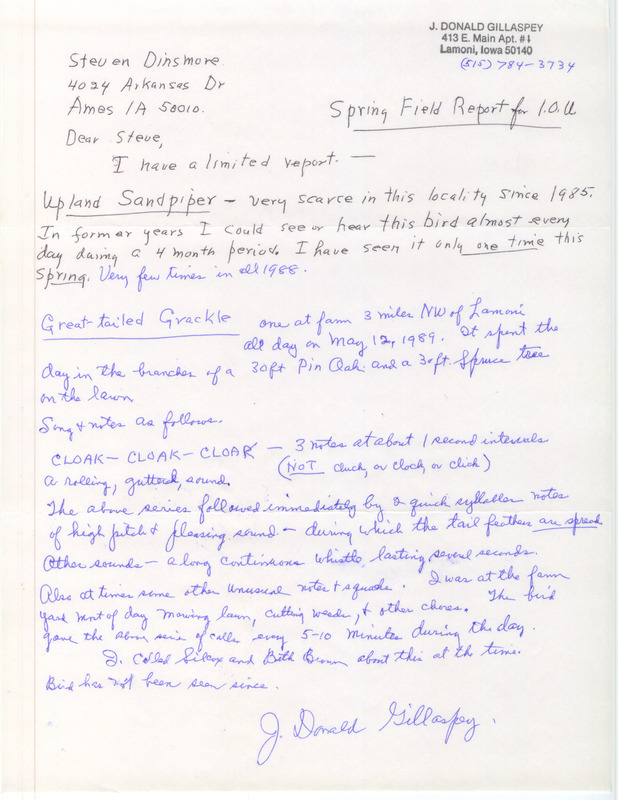 Field report sent to Steve Dinsmore at IOU for J. Donald Gillaspey. It features a sighting of a Great-tailed Grackle northwest of Lamoni in Decatur County, IA on May 12, 1989.