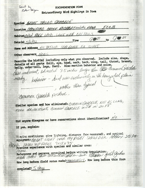 Rare bird documentation form for a Great-tailed Grackle at Crawford Creek Recreation Area in Ida County, IA on May 2, 1992.