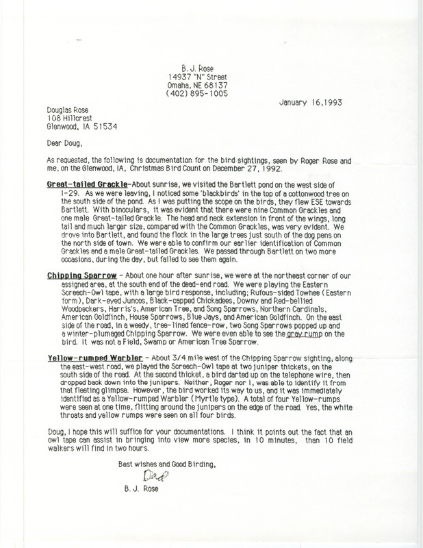 Letter from B. J. Rose to Doug Rose documenting birds seen during the Glenwood Christmas Bird County on December 27, 1992. Rose gives details for the sighting of a Great-tailed Grackle, a Chipping Sparrow, and four Yellow-rumped Warblers.