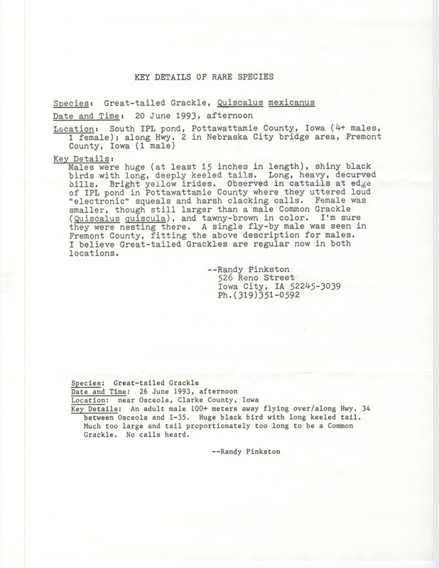 Rare bird documentation form for at least five Great-tailed Grackles at MidAmerican Energy Ponds at Pottawattamie County, IA on June 20, 1993. There are details of another sighting of another Great-tailed Grackle near Osceola in Clark County, IA on June 26, 1993 on the documentation form.