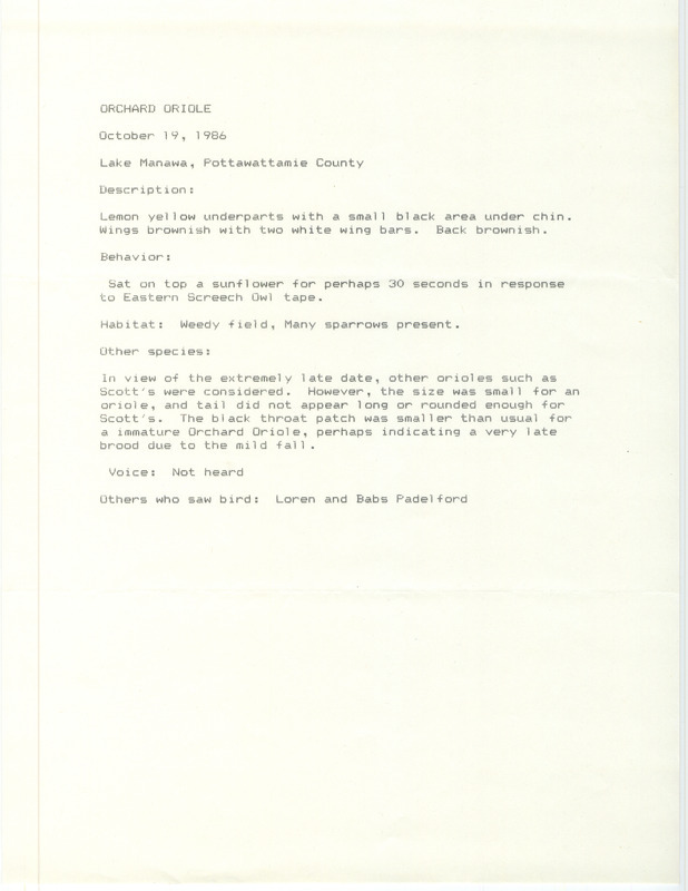 Rare bird documentation form for a Orchard Oriole at Lake Manawa in Pottawattamie County, IA on October 19, 1986.