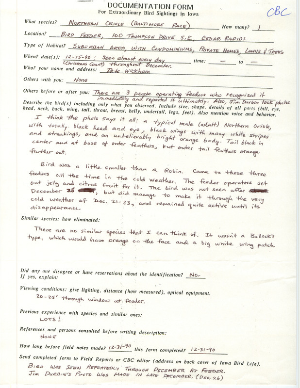 Rare bird documentation form for a Baltimore Oriole at Cedar Rapids in Linn County, IA on December 15, 1990.