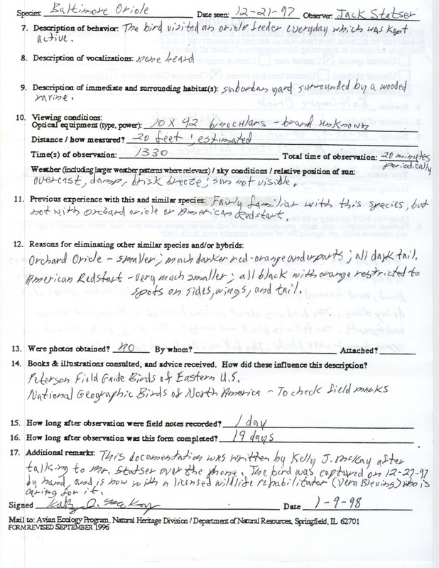 Rare bird documentation form for a Baltimore Oriole at Bettendorf in Scott County, IA from December 12, 1997 to December 27, 1997.