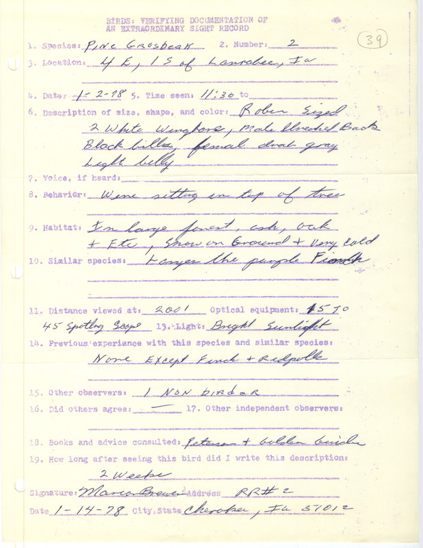 Rare bird documentation form for two Pine Grosbeaks at Larrabee in Cherokee County, IA on January 2, 1978.