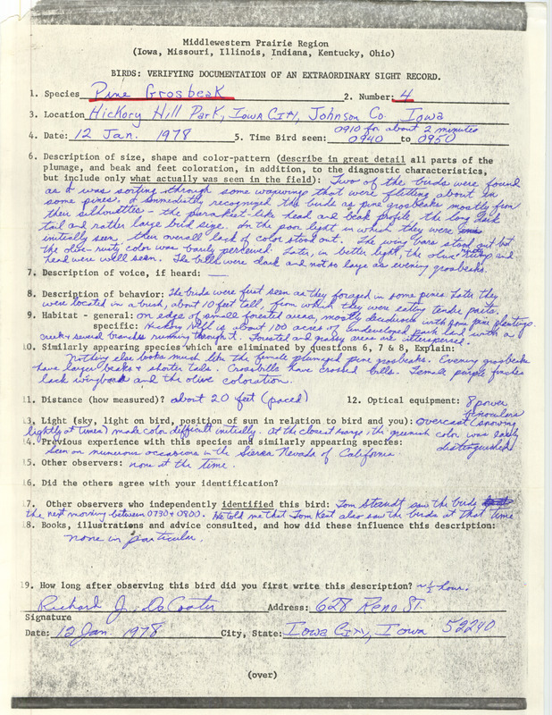 Rare bird documentation form for four Pine Grosbeaks at Hickory Hill Park in Iowa City in Johnson County, IA on January 12, 1978.