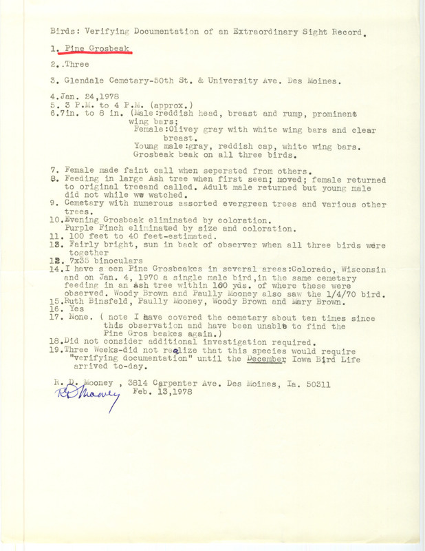 Rare bird documentation form for three Pine Grosbeaks at Glendale Cemetery in Des Moines in Polk County, IA on January 24, 1978.