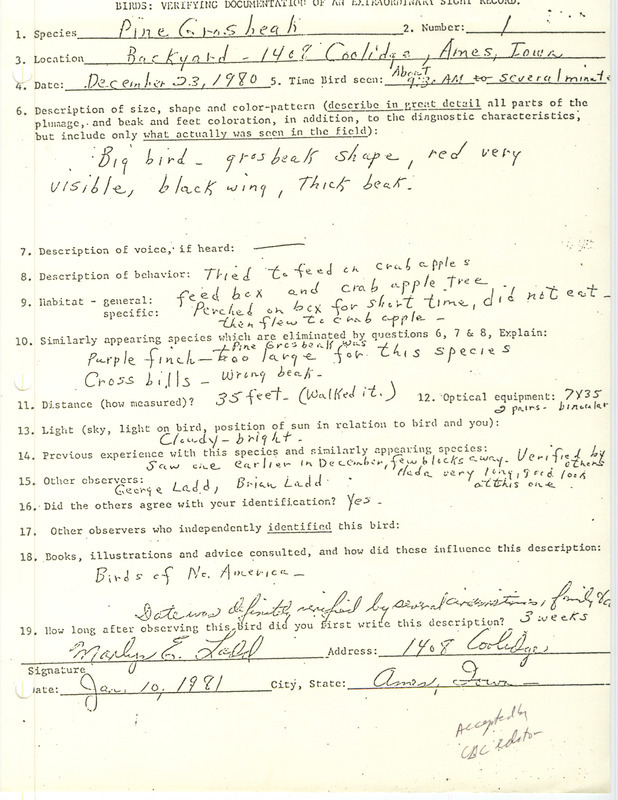 Rare bird documentation form for a Pine Grosbeak at Ames in Story County, IA on December 23, 1980.