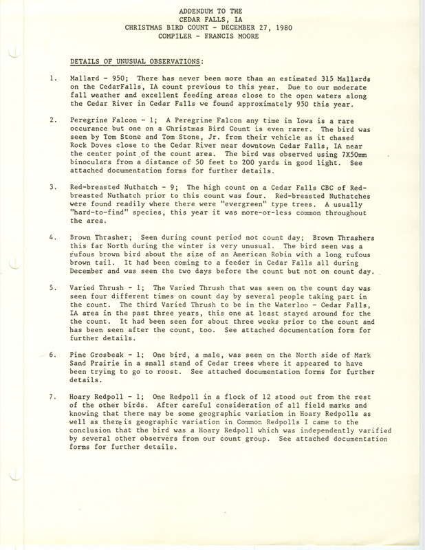 Field reports from the Cedar Falls area Christmas Bird County on December 27, 1980 compiled by Francis Moore. It features sighting of a Pine Grosbeak at Mark Sand Prairie in Black Hawk County, IA.