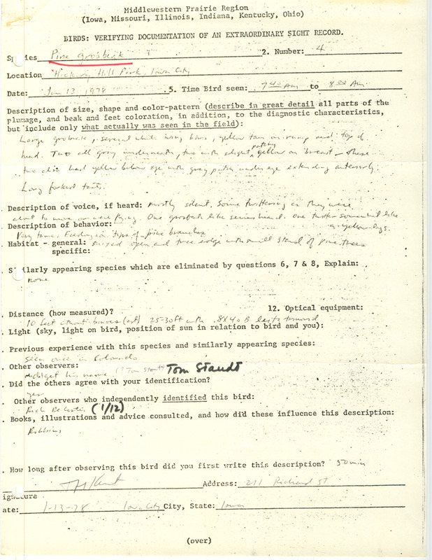 Rare bird documentation form for four Pine Grosbeaks at Hickory Hill Park in Iowa City in Johnson County, IA on January 13, 1978.