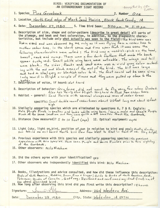 Rare bird documentation form for a Pine Grosbeak at Mark Sand Prairie in Black Hawk County, IA on December 27, 1980.