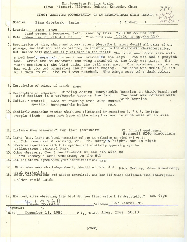 Rare bird documentation form for a Pine Grosbeak at Ames in Story County, IA from December 7 to 11, 1980.