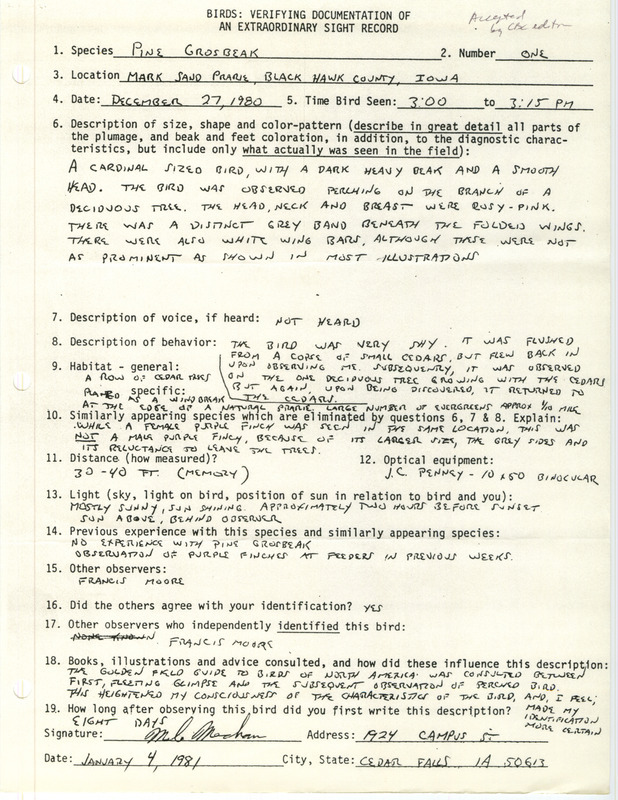 Rare bird documentation form for a Pine Grosbeak at Mark Sand Prairie in Black Hawk County, IA on December 27, 1980.