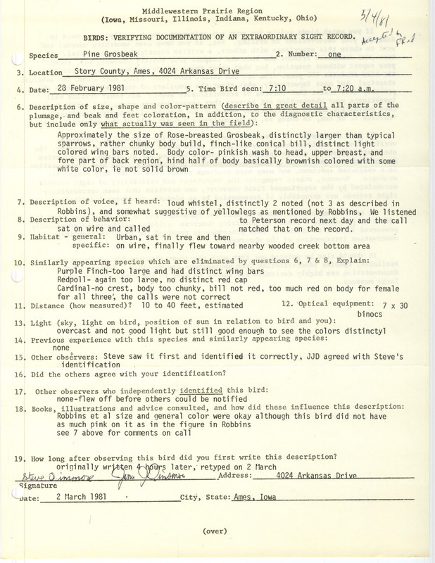 Rare bird documentation form for a Pine Grosbeak at Ames in Story County, IA on February 28, 1981.