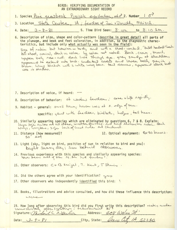 Rare bird documentation form for a Pine Grosbeak at State Center in Marshall County, IA on March 8, 1981.